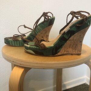 Michael Kors Green Tropical Foliage Cork Wedge Sandals with Braided Brown Straps